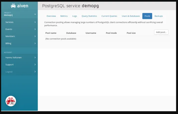 Captura Aiven PostgreSQL
